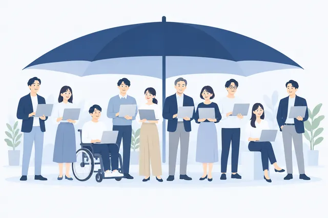 1本の大きな傘の下に、たくさんの社員が入っている様子（人数が増えても同じ）