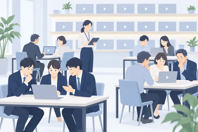 社員が役割ごとに研修動画を選んで学ぶ様子